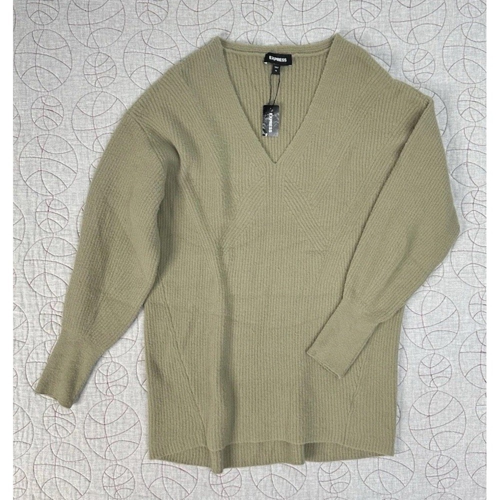 Express Sweater Green Ribbed V-Neck Balloon Sleeve Oversized / Women's XS
